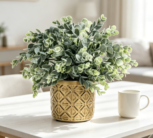 Cement Potted Artificial Eucalyptus, Geometric Patterned Gray Pot