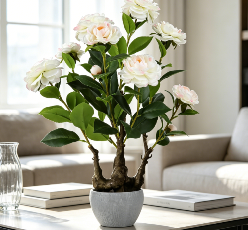 Stone Potted Artificial Camellia, Desktop And Indoor Decorations