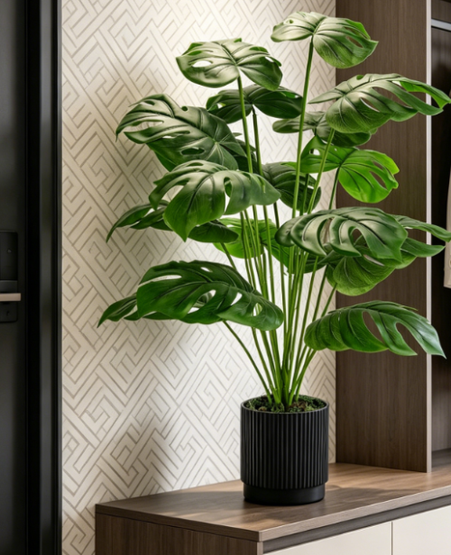 Faux Monstera In Black Pot, Modern Indoor Greenery