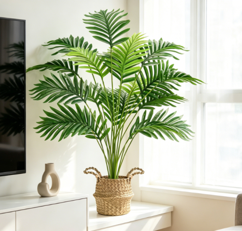 Faux Palm In Woven Basket, Indoor/Outdoor Floor Plant